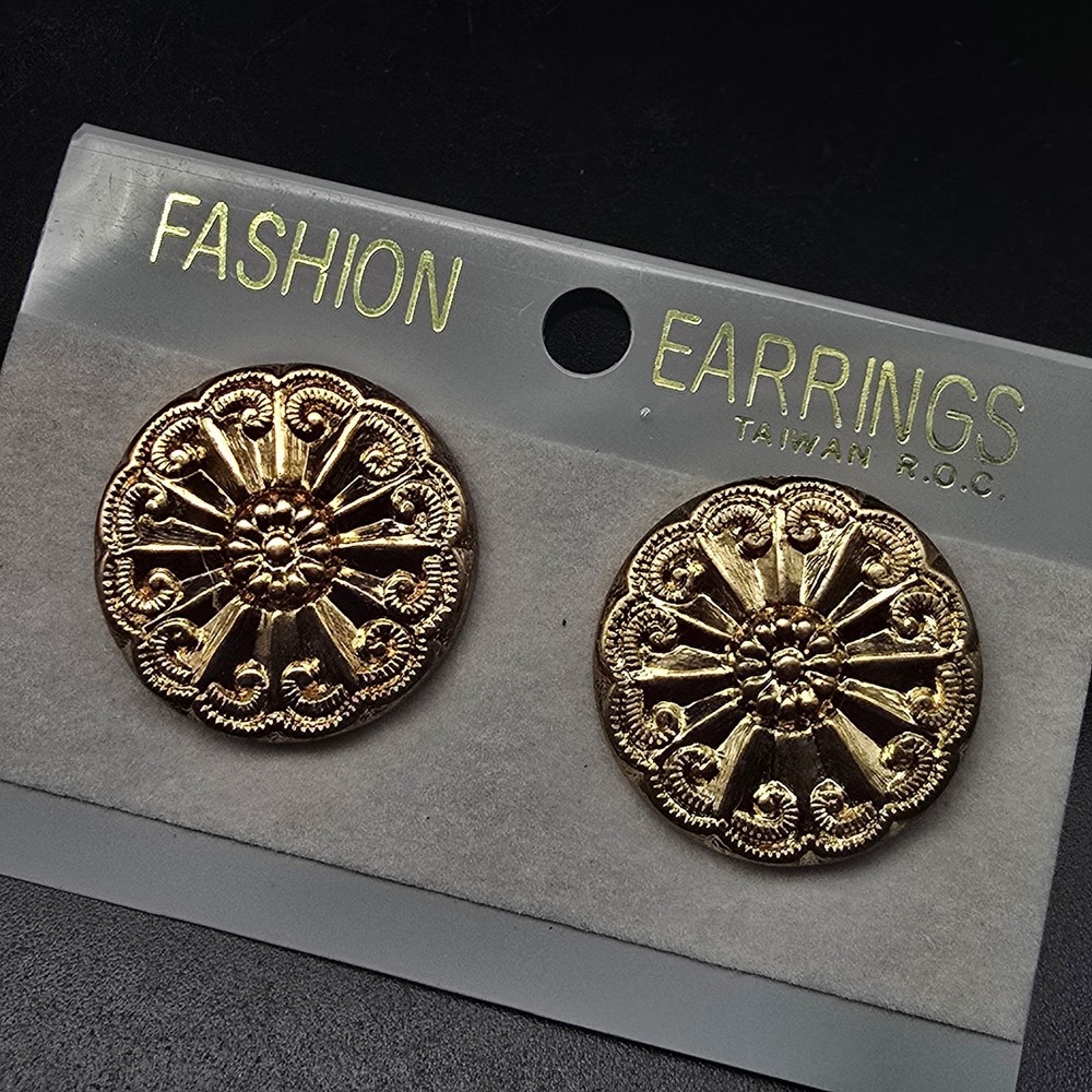 Gold Tone Medallion Earrings Round Sunburst Vintage 1990s Jewelry